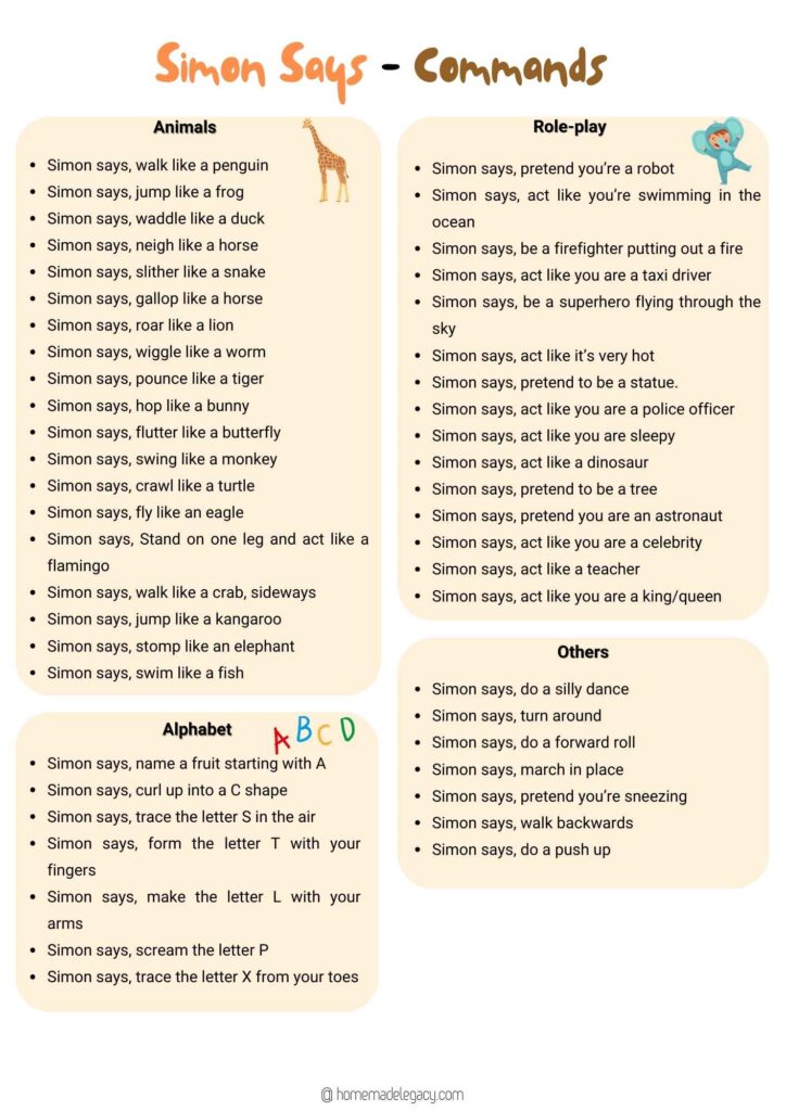 simon says ideas printable